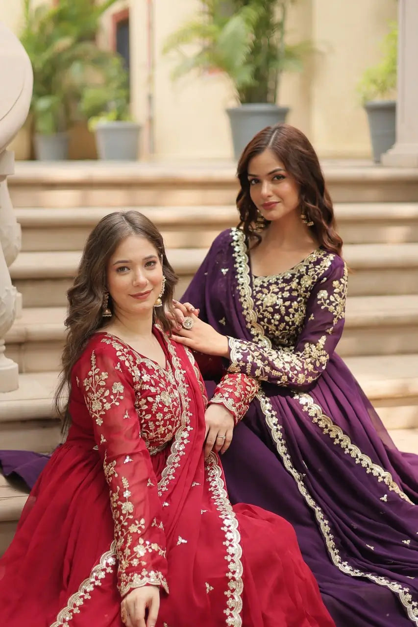 Plum Blooming Sequin Anarkali Gown Set