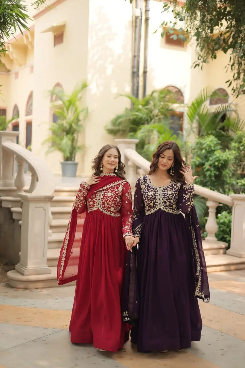 Plum Blooming Sequin Anarkali Gown Set