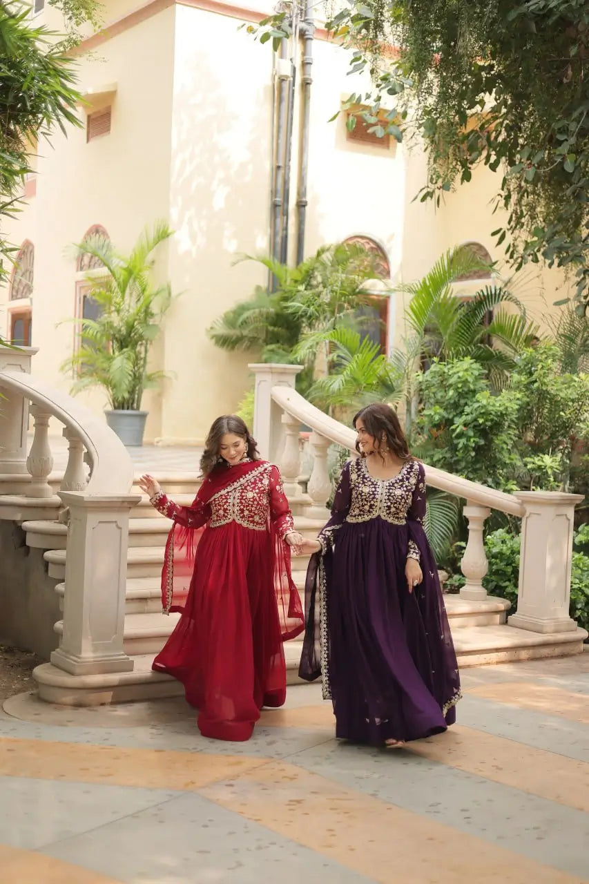 Plum Blooming Sequin Anarkali Gown Set
