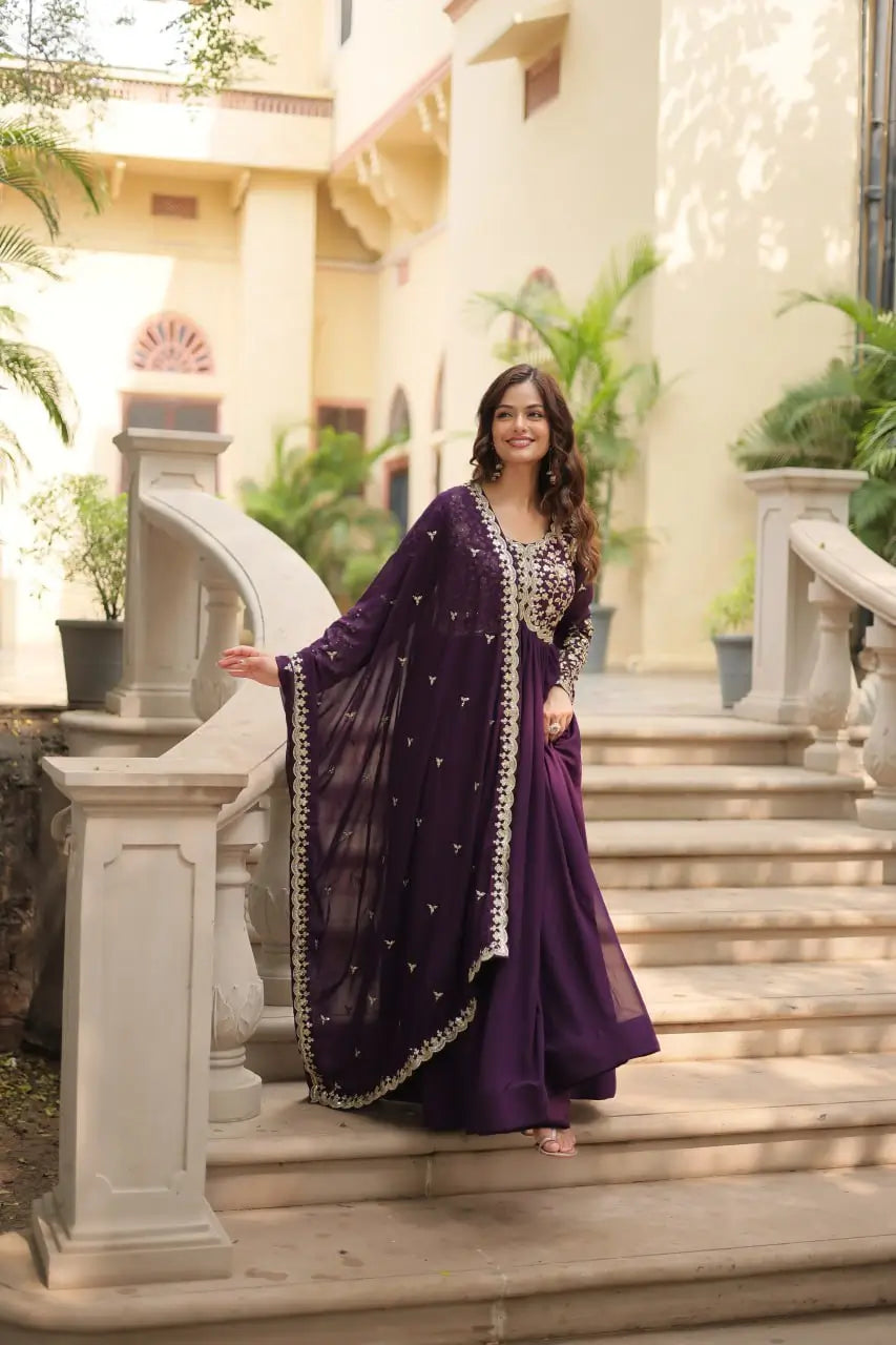 Plum Blooming Sequin Anarkali Gown Set