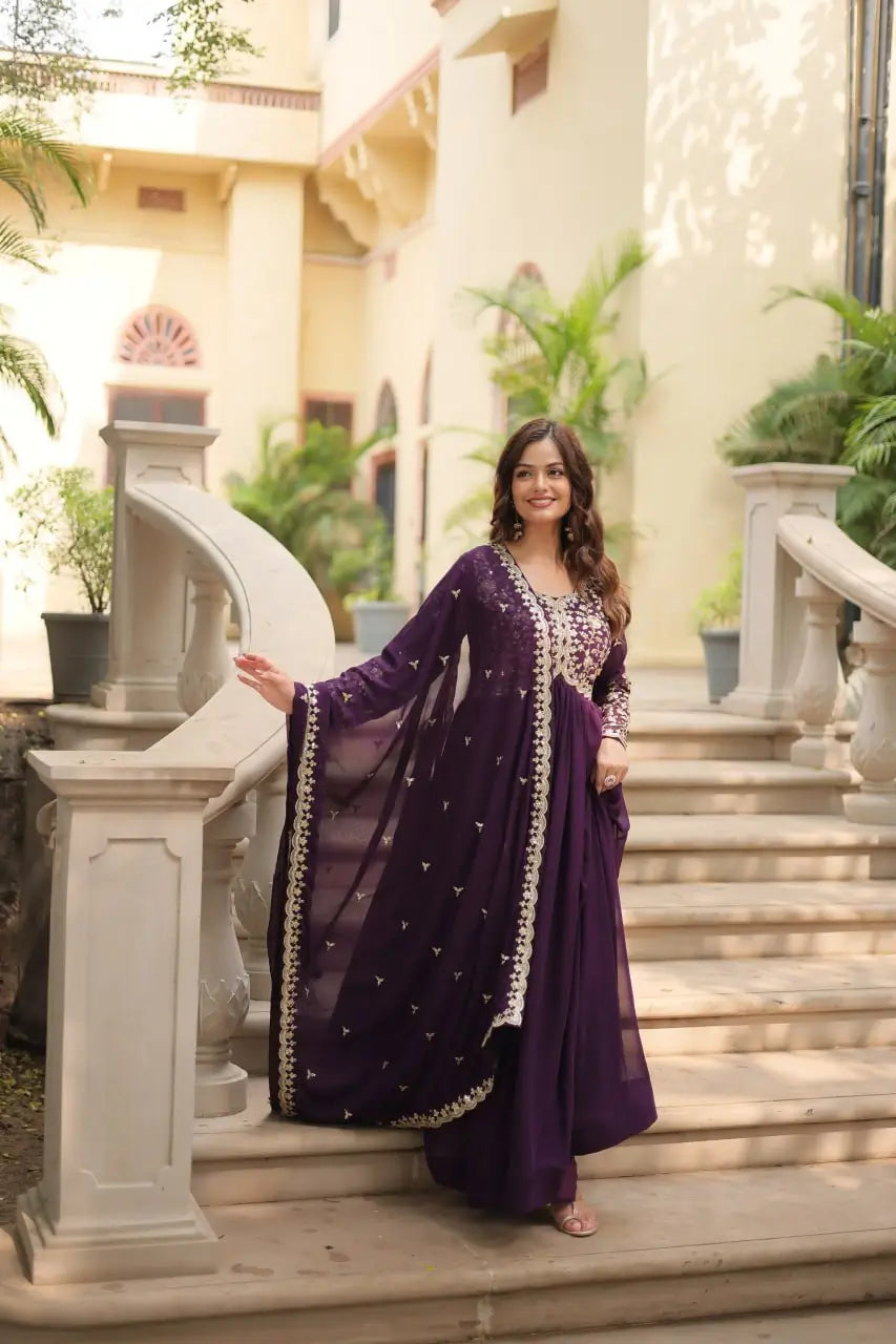 Plum Blooming Sequin Anarkali Gown Set