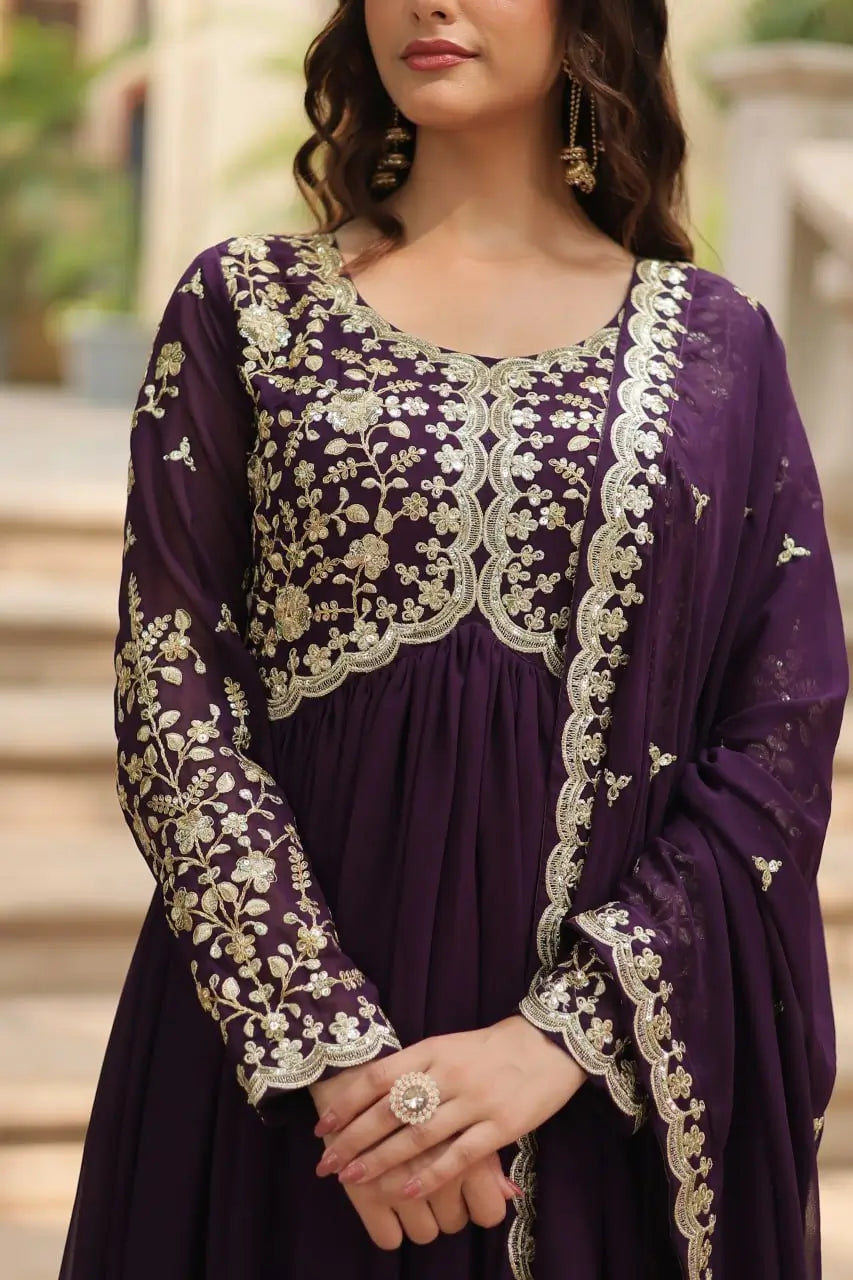 Plum Blooming Sequin Anarkali Gown Set