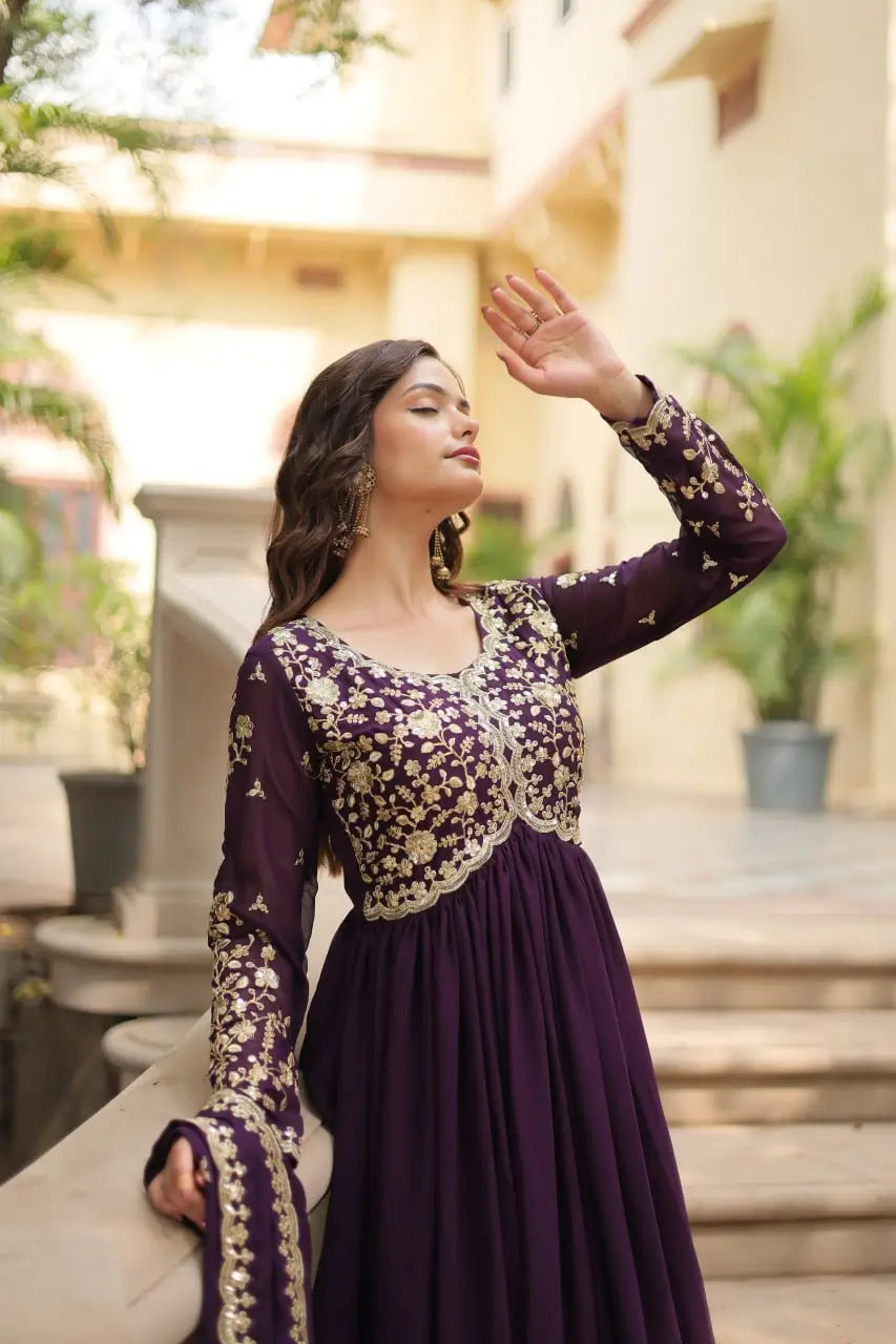 Plum Blooming Sequin Anarkali Gown Set