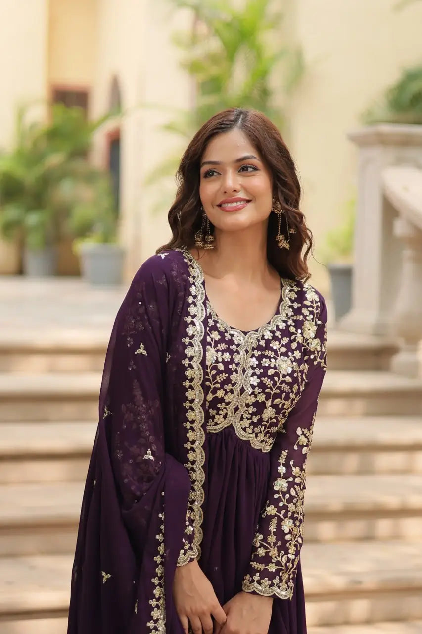 Plum Blooming Sequin Anarkali Gown Set
