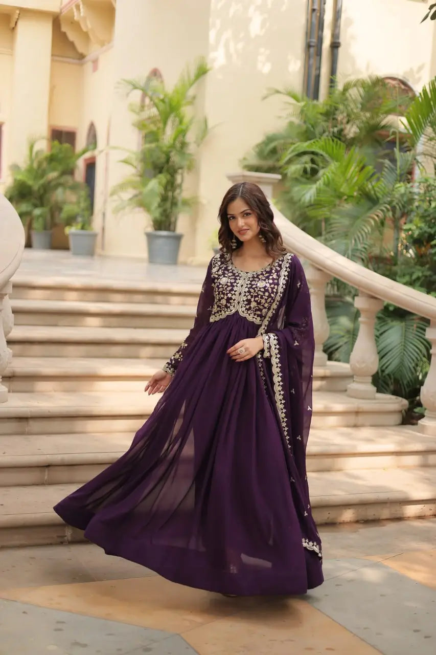 Plum Blooming Sequin Anarkali Gown Set