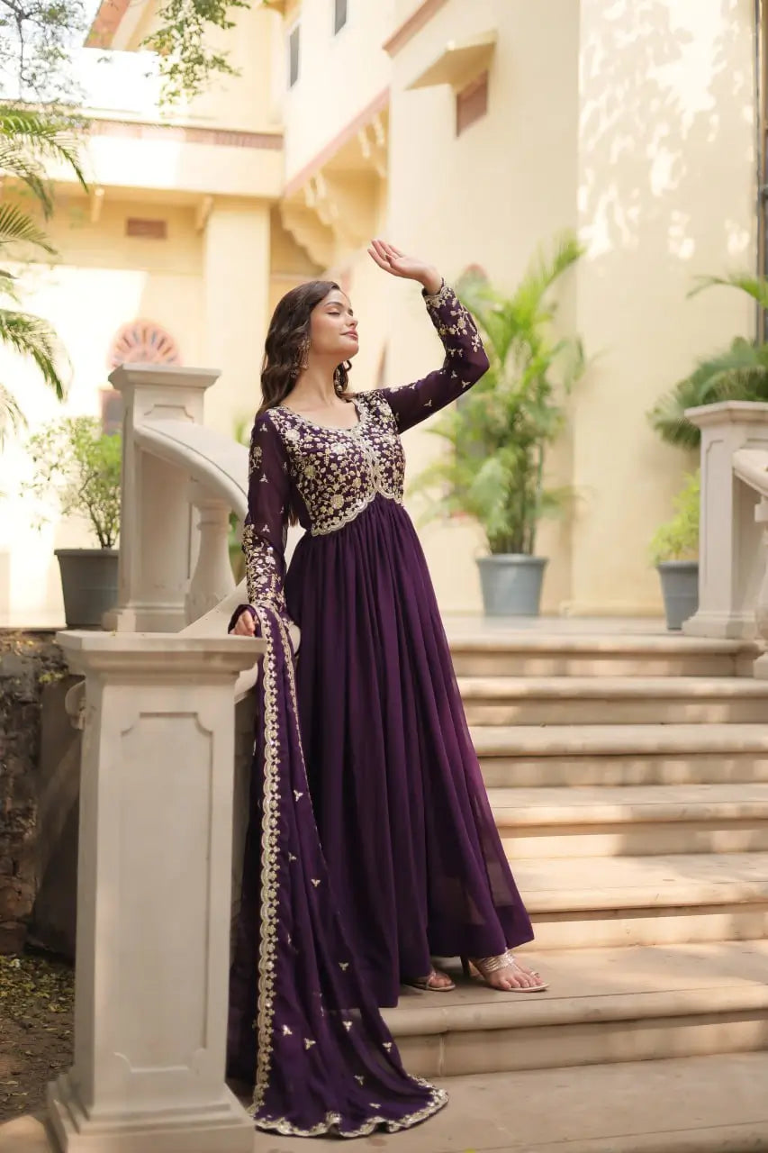 Plum Blooming Sequin Anarkali Gown Set