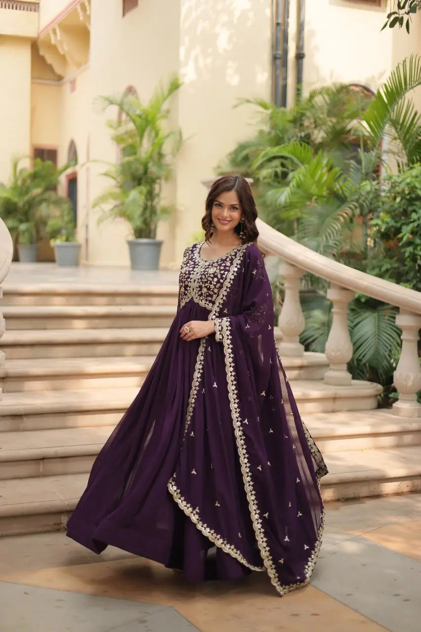 Plum Blooming Sequin Anarkali Gown Set