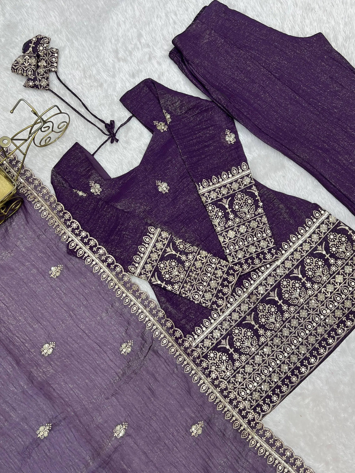 Plum Crunchy Silk Embroidery Sharara Set