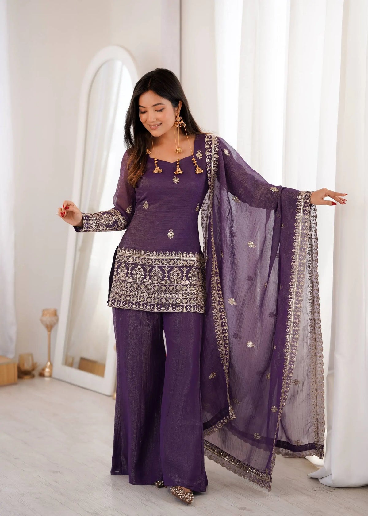 Plum Crunchy Silk Embroidery Sharara Set