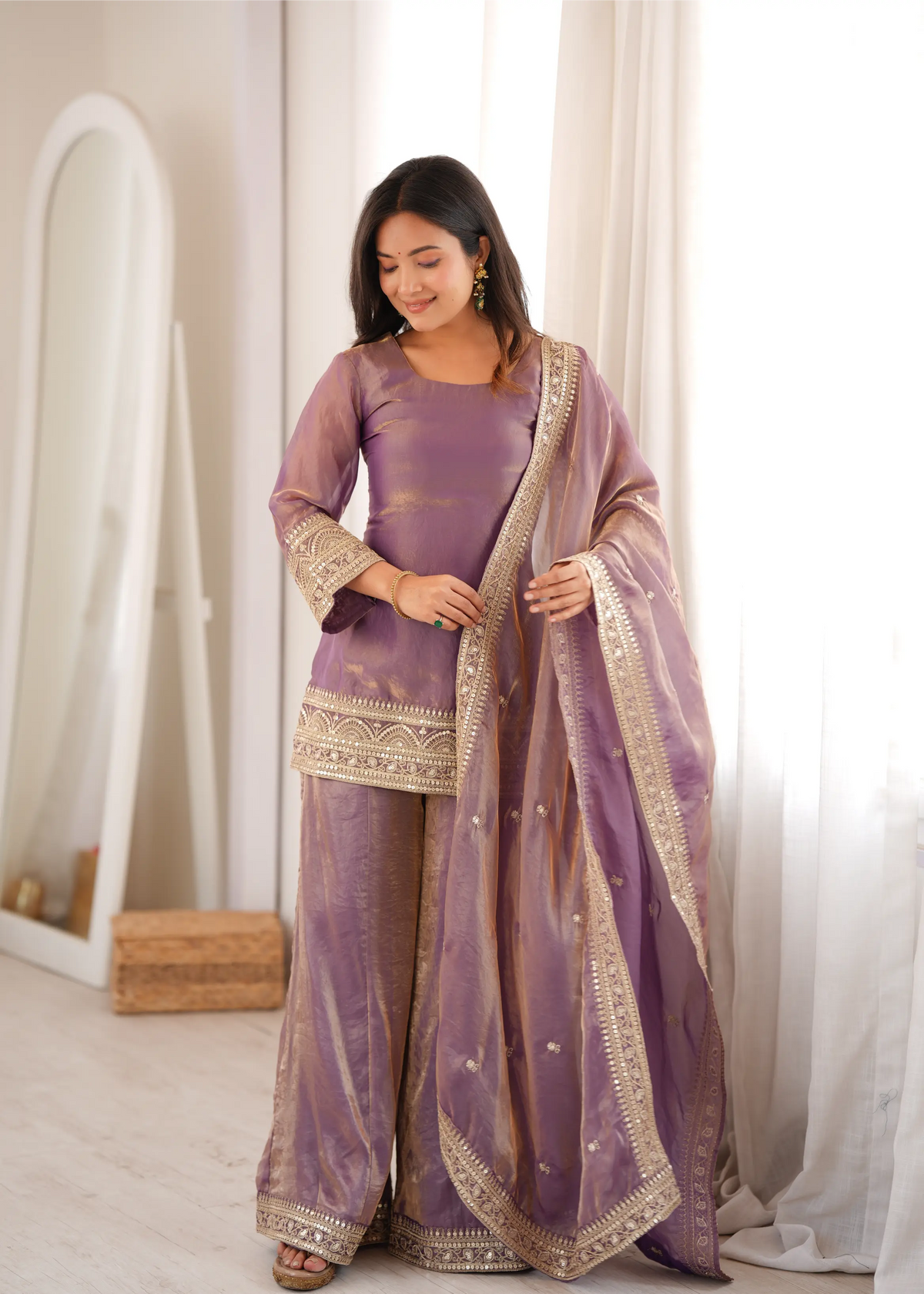 Plum Crunchy Silk Embroidery Sharara Set