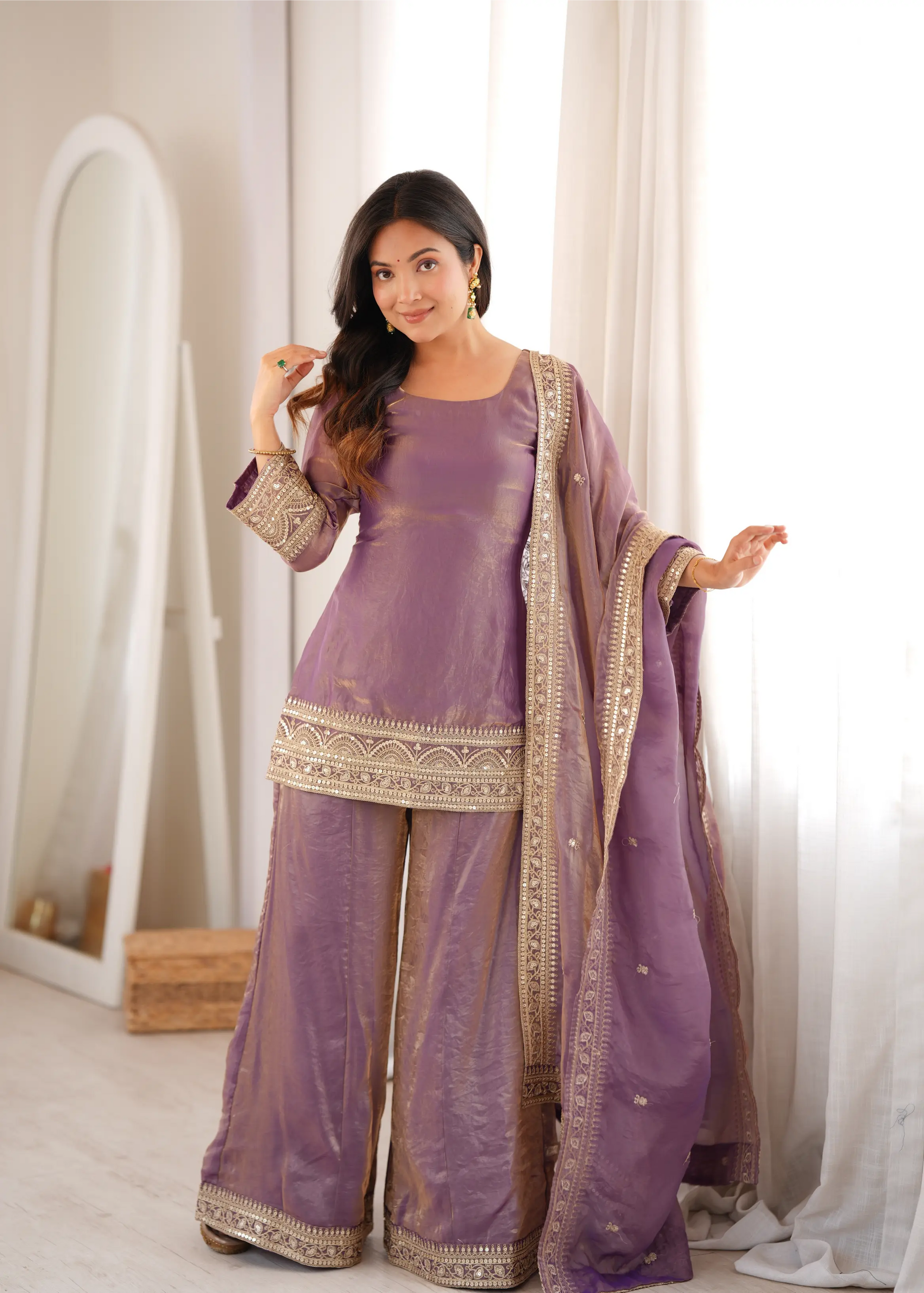 Plum Crunchy Silk Embroidery Sharara Set