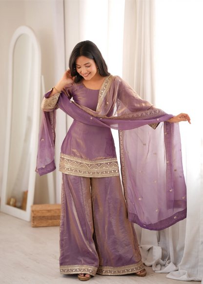 Plum Crunchy Silk Embroidery Sharara Set
