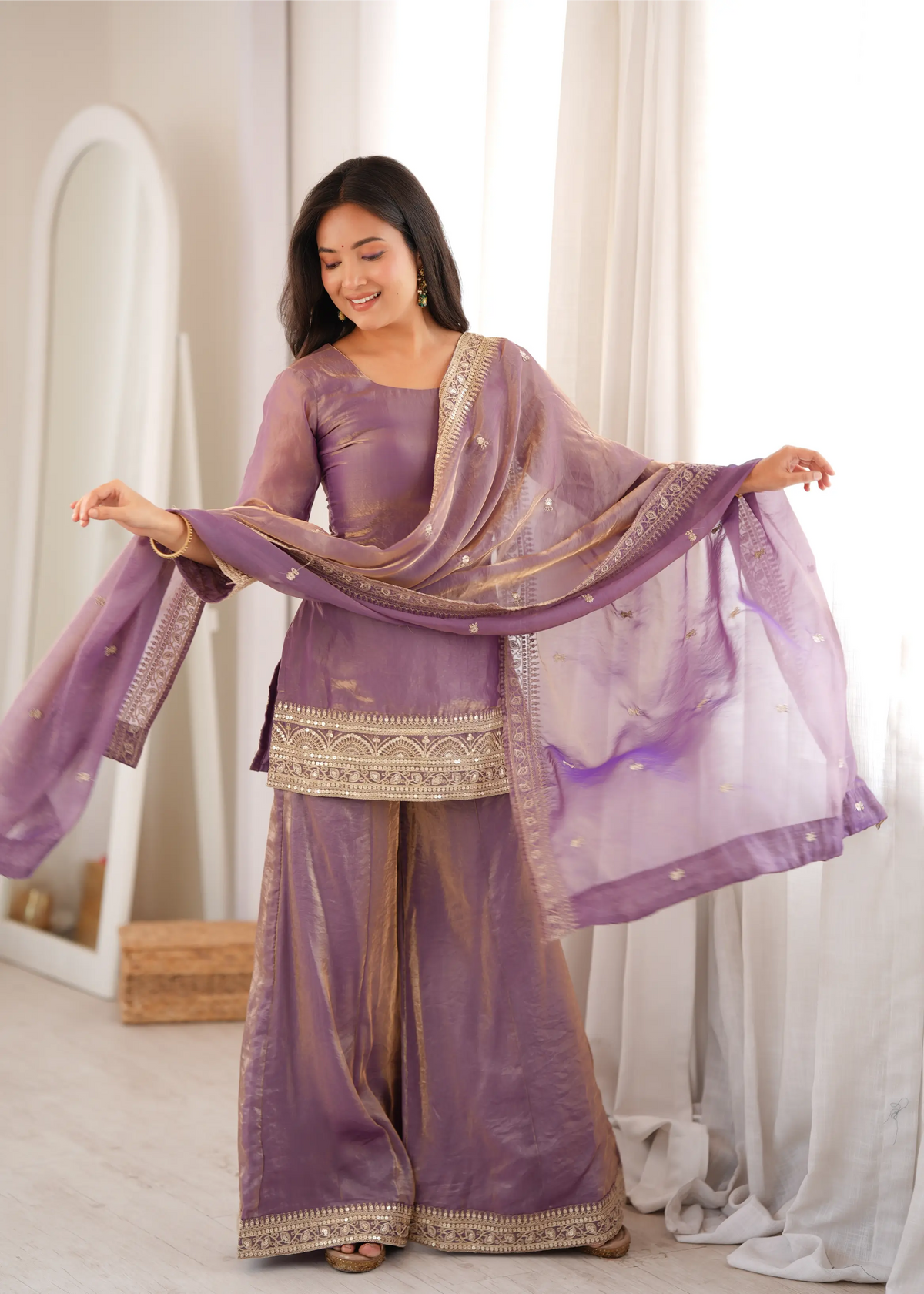 Plum Crunchy Silk Embroidery Sharara Set