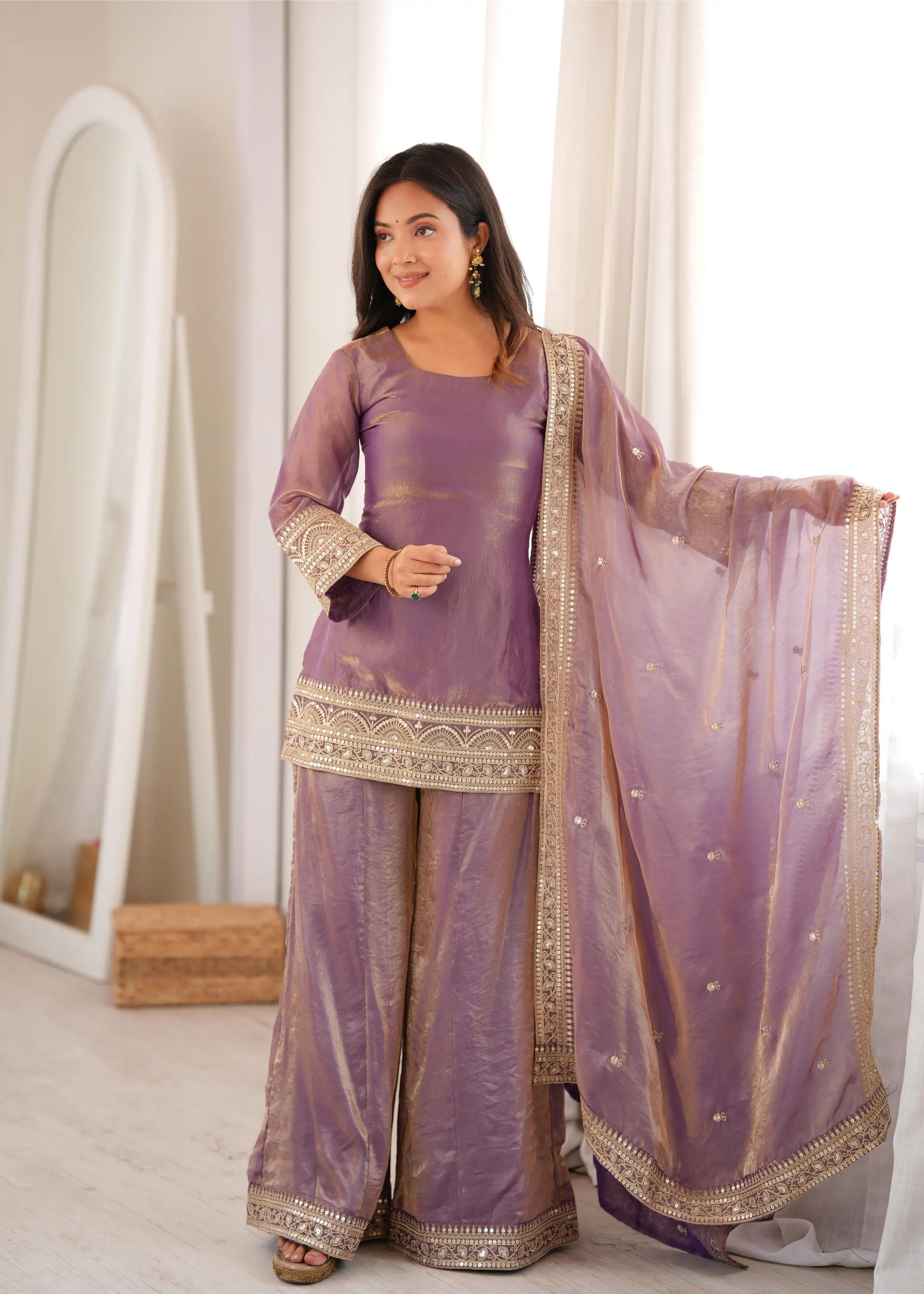 Plum Crunchy Silk Embroidery Sharara Set