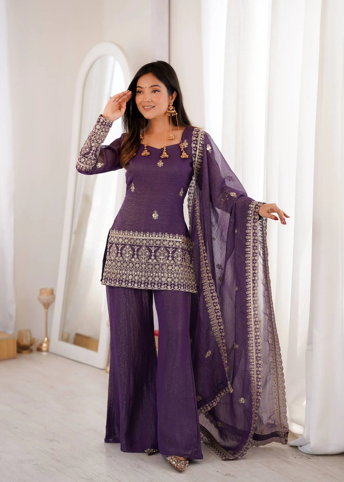 Plum Crunchy Silk Embroidery Sharara Set