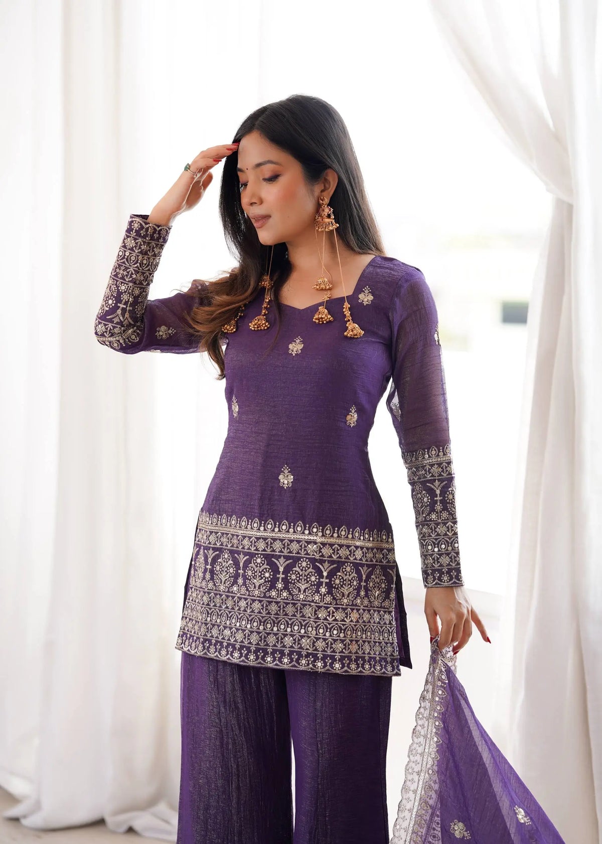 Plum Crunchy Silk Embroidery Sharara Set