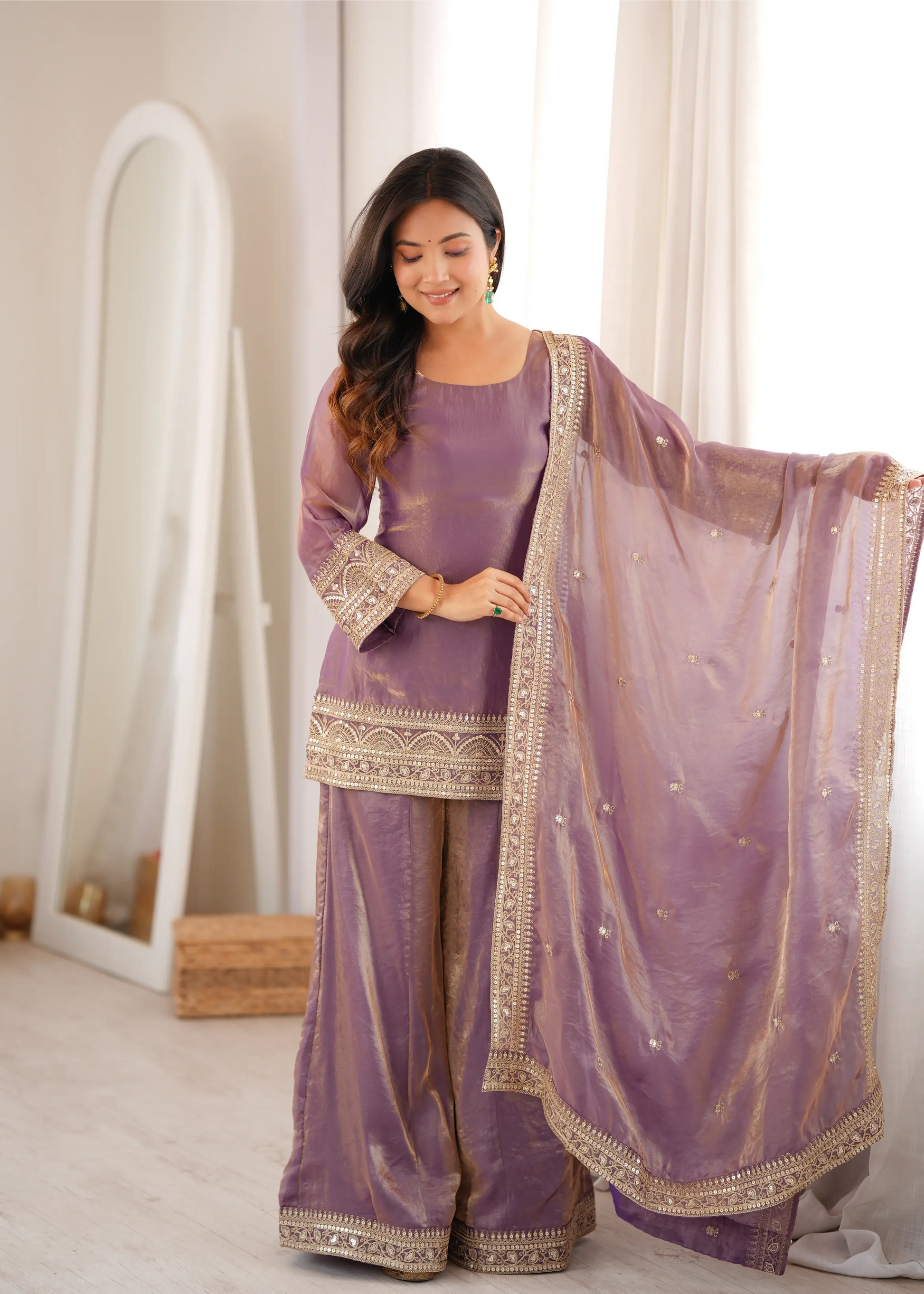Plum Crunchy Silk Embroidery Sharara Set