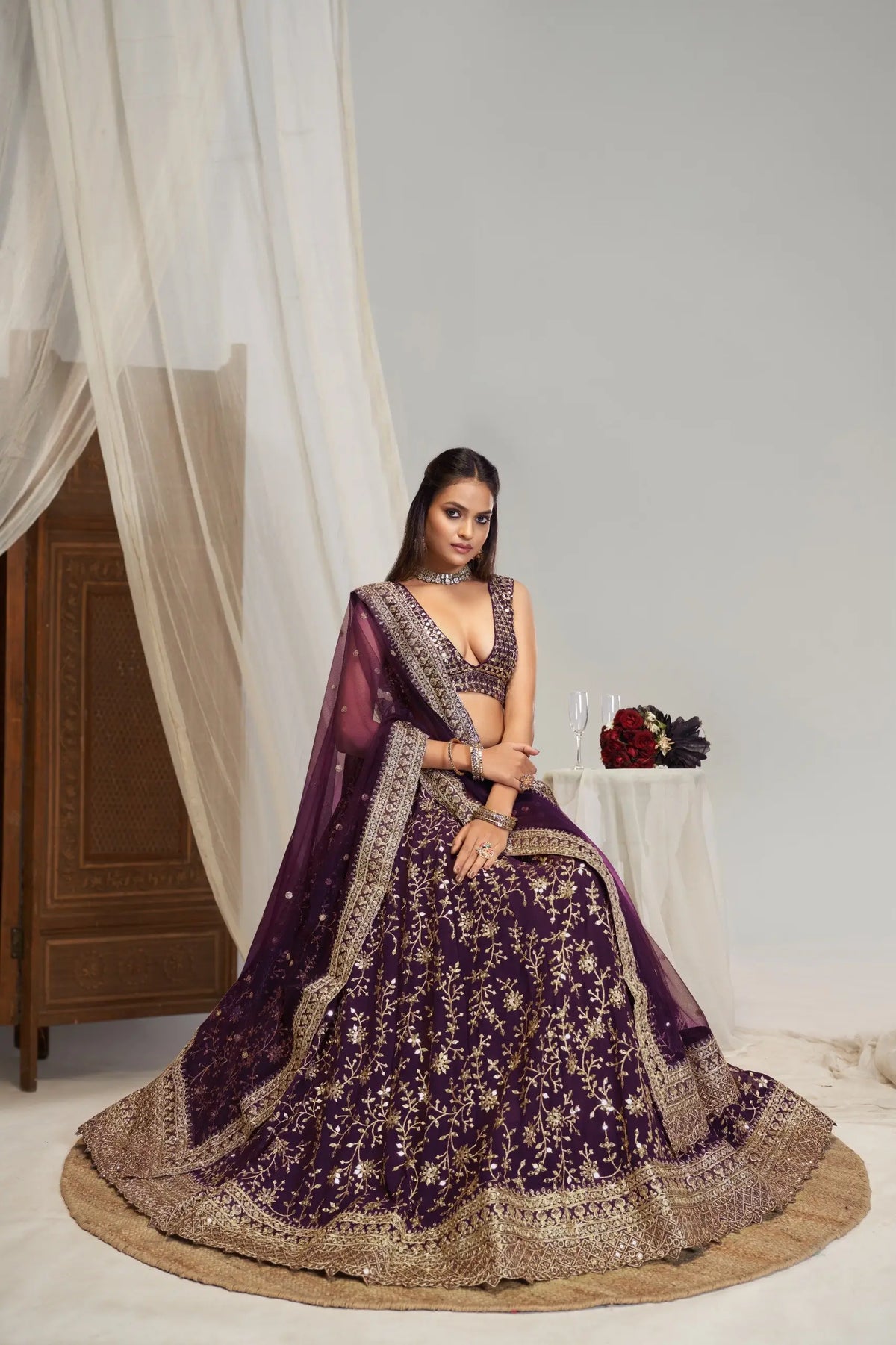 Plum Georgette Zari Bridal Lehenga with Dupatta