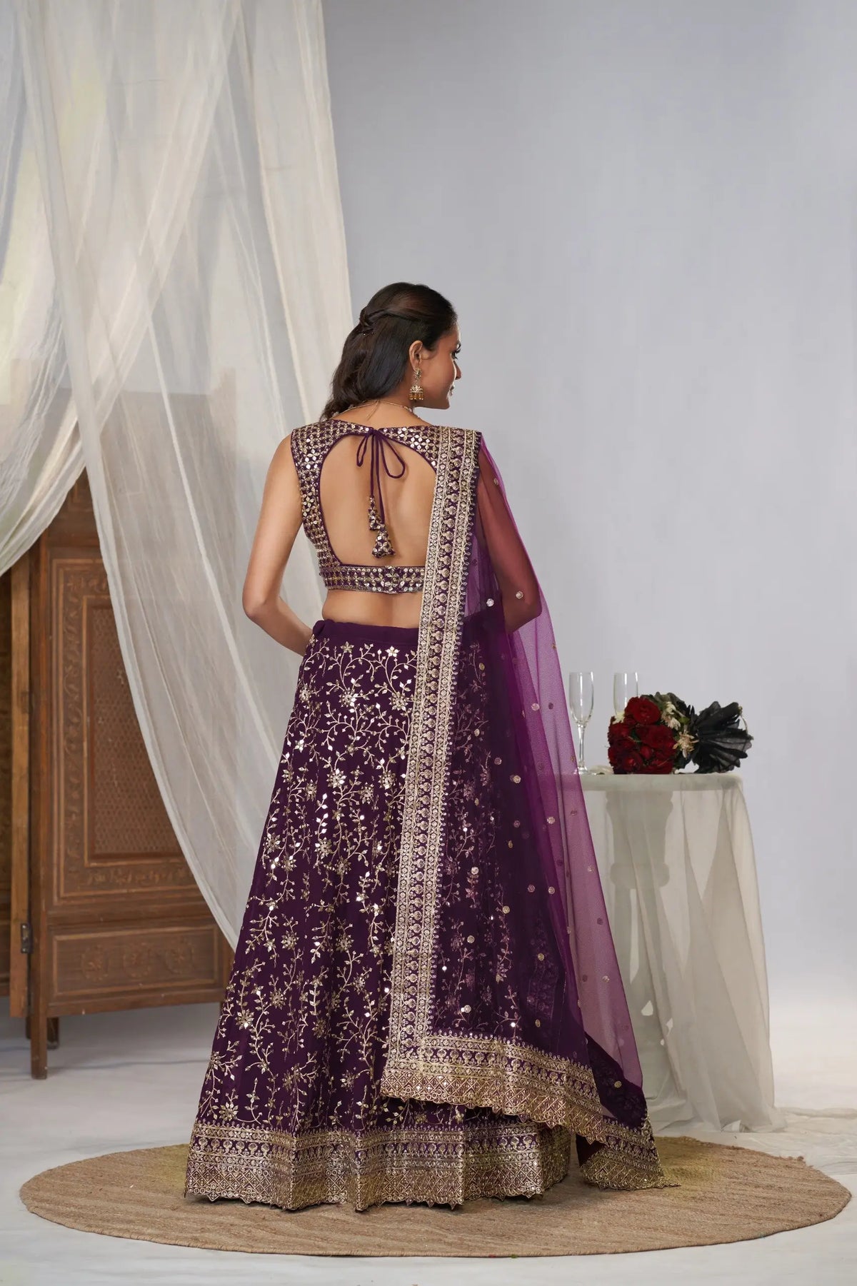 Plum Georgette Zari Bridal Lehenga with Dupatta