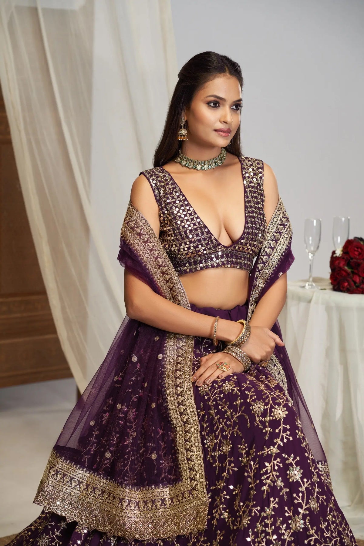 Plum Georgette Zari Bridal Lehenga with Dupatta