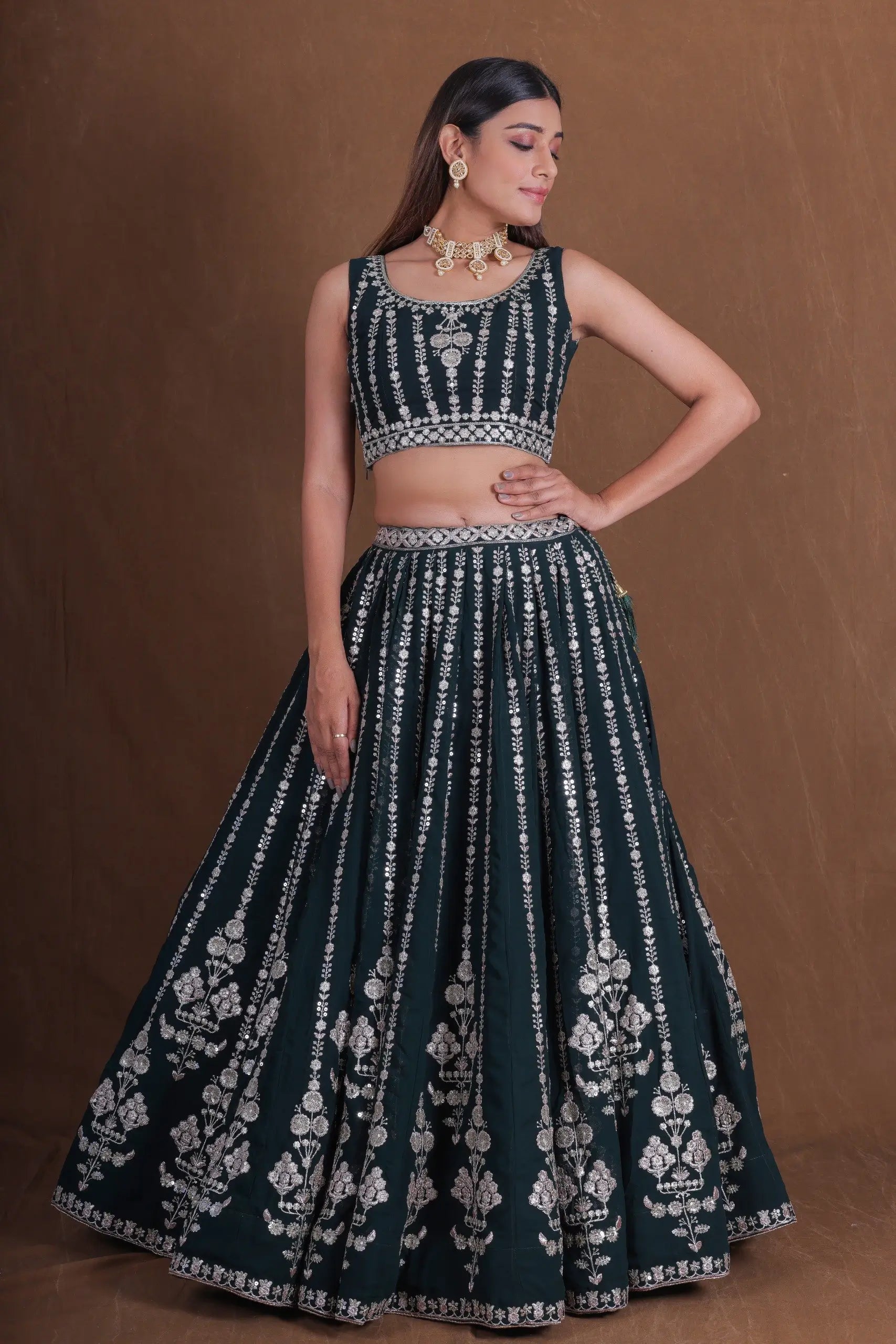 Plum Georgette Zari Bridal Lehenga with Dupatta