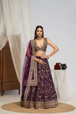 Plum Georgette Zari Bridal Lehenga with Dupatta
