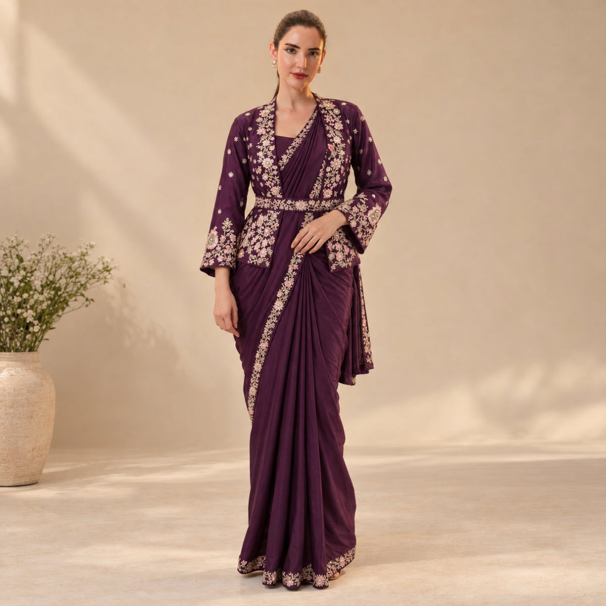 Wine Crepe Satin Saree with Embroidered Jacket