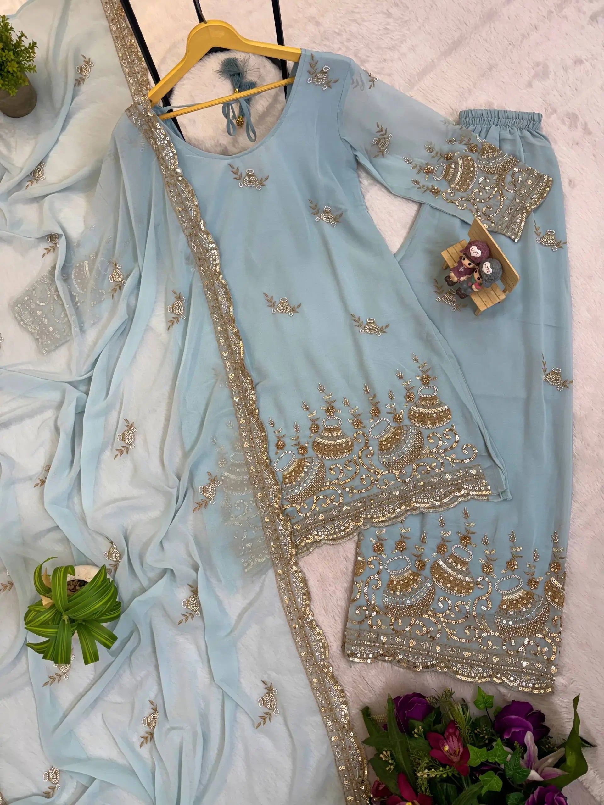 Powder Blue Beads Embroidered Suit