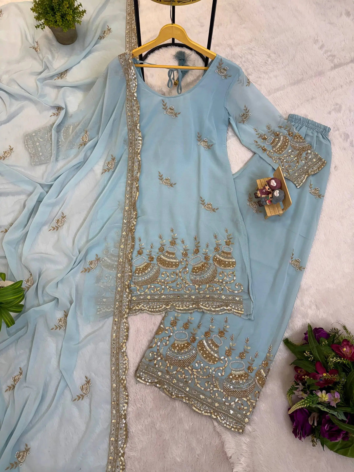 Powder Blue Beads Embroidered Suit