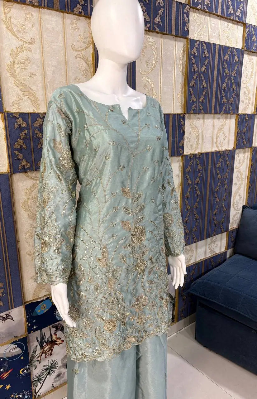 Powder Blue Chinon Silk Embroidery Kurta Set