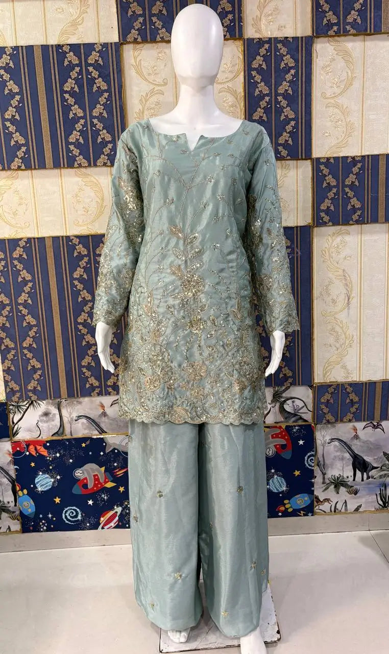 Powder Blue Chinon Silk Embroidery Kurta Set