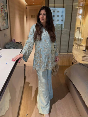 Powder Blue Chinon Silk Embroidery Kurta Set