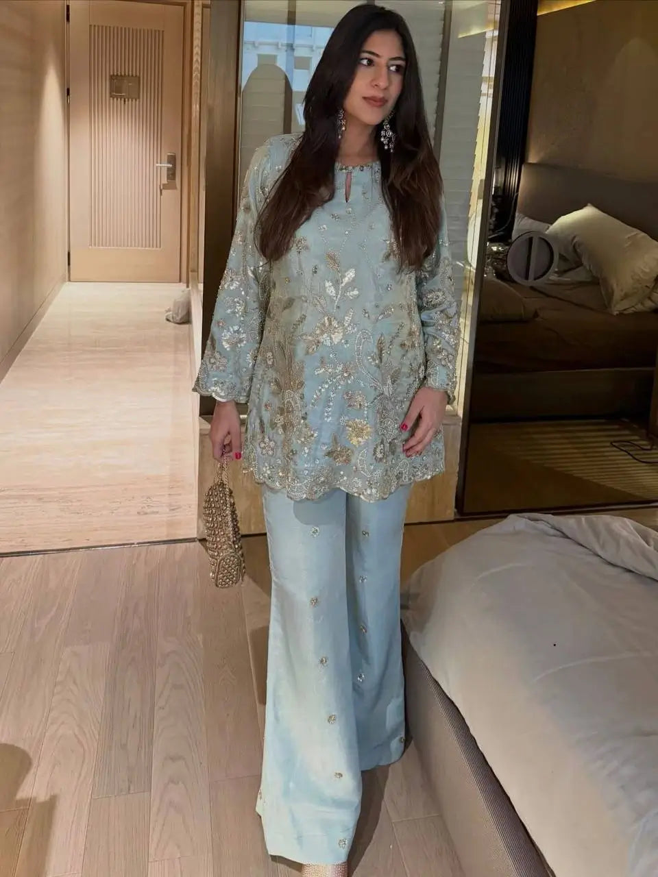 Powder Blue Chinon Silk Embroidery Kurta Set