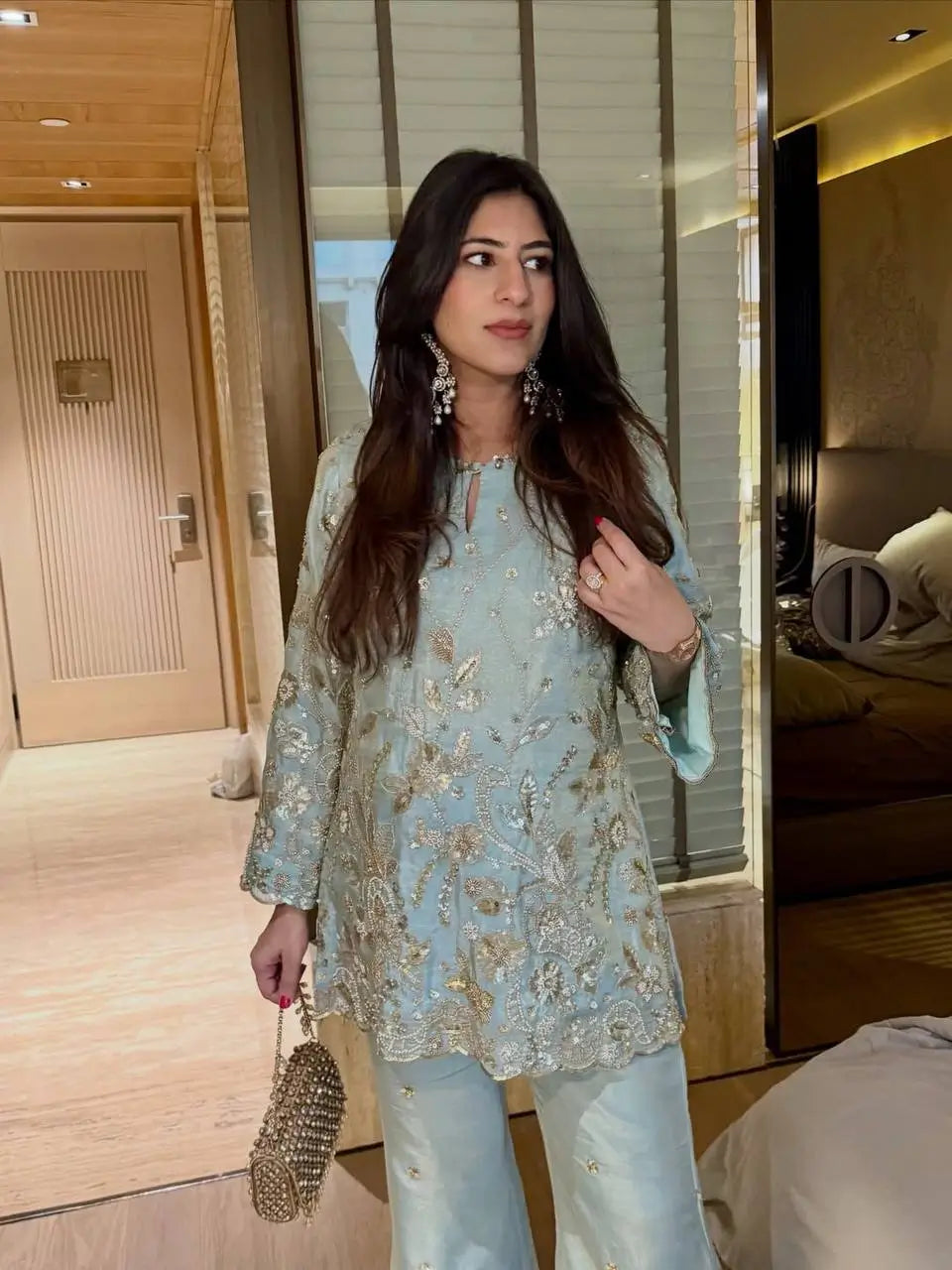 Powder Blue Chinon Silk Embroidery Kurta Set