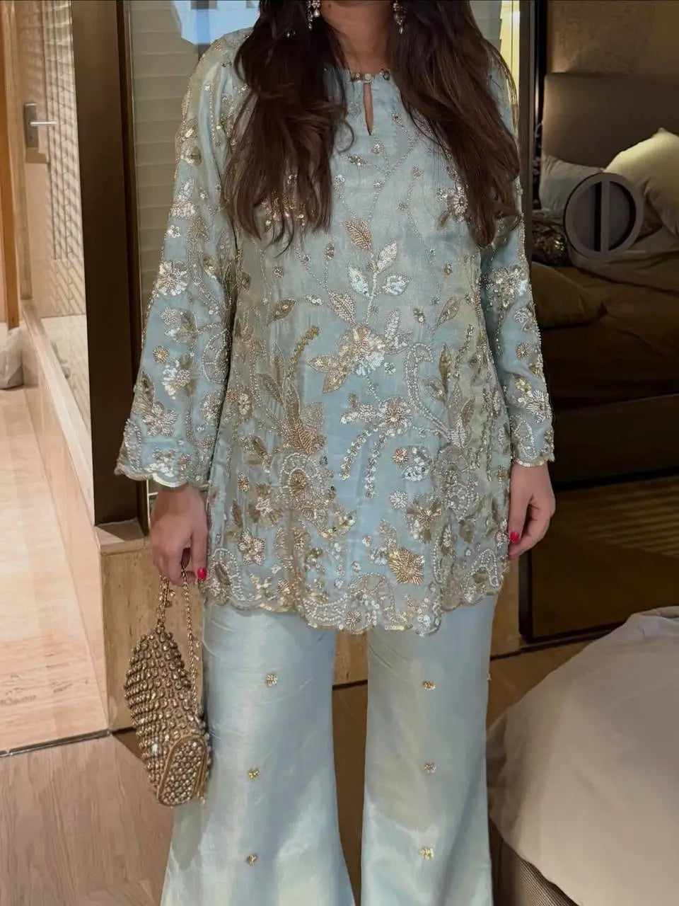 Powder Blue Chinon Silk Embroidery Kurta Set