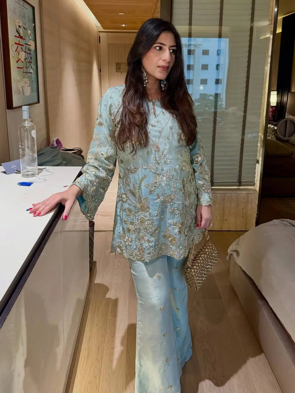 Powder Blue Chinon Silk Embroidery Kurta Set