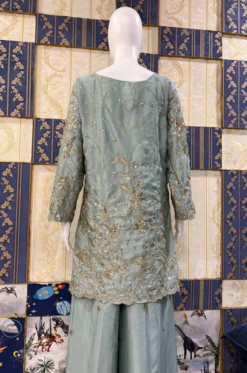 Powder Blue Chinon Silk Embroidery Kurta Set