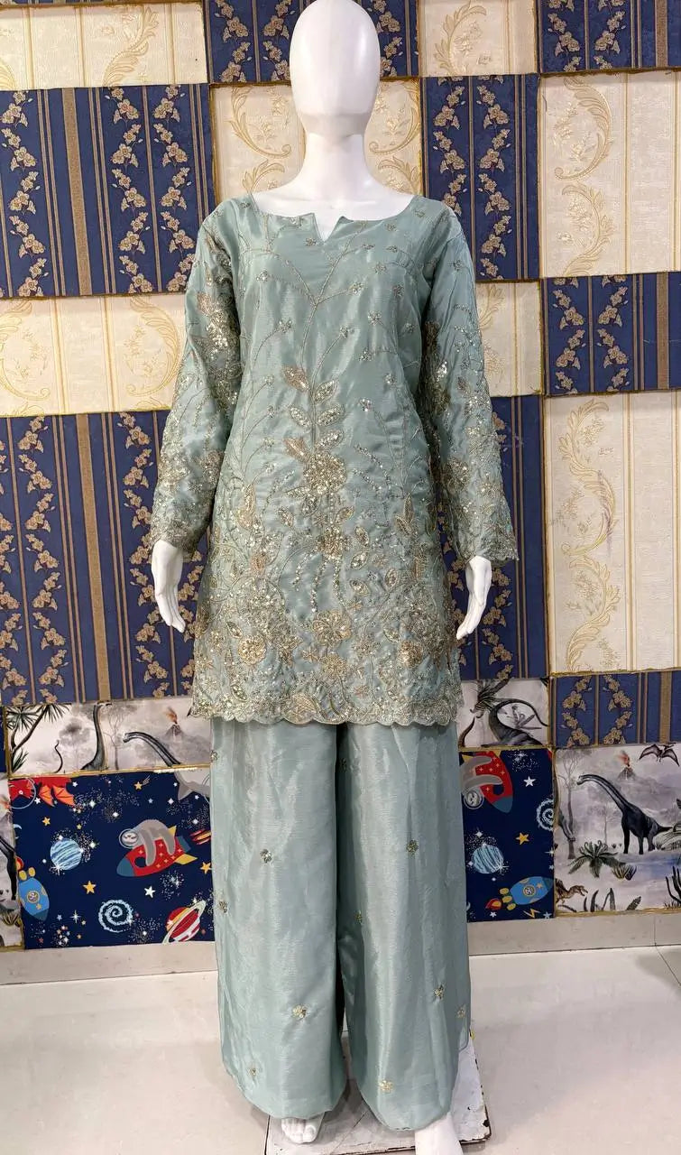Powder Blue Chinon Silk Embroidery Kurta Set