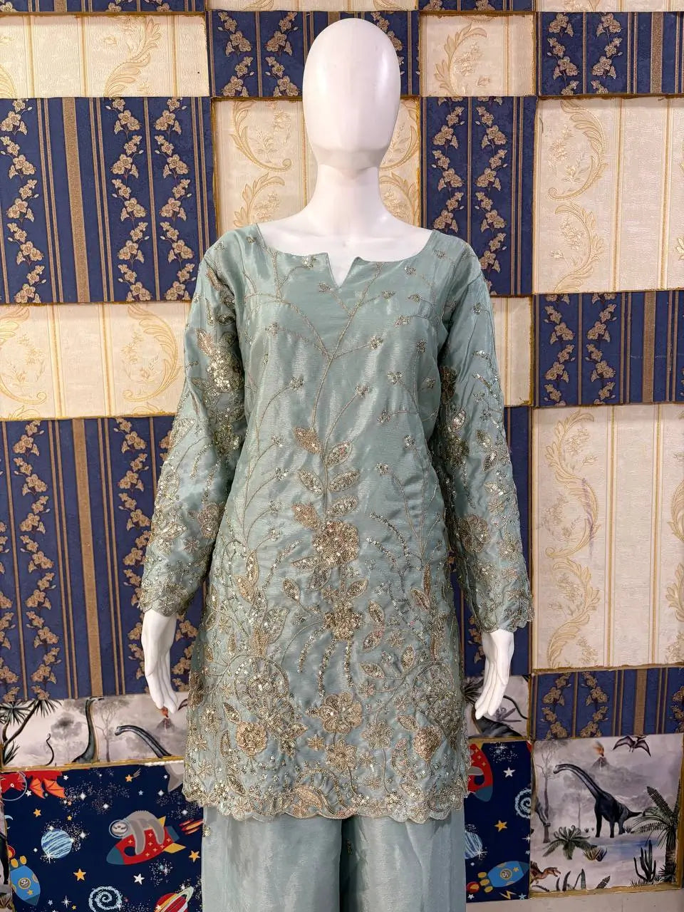Powder Blue Chinon Silk Embroidery Kurta Set