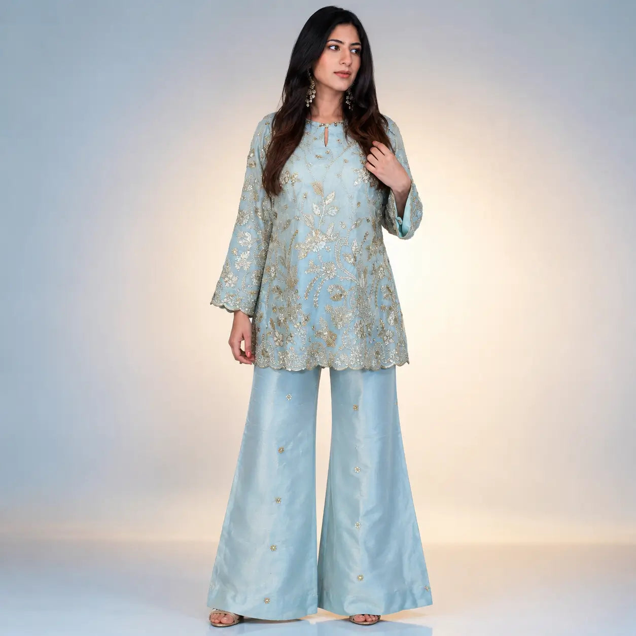 Powder Blue Chinon Silk Embroidery Kurta Set