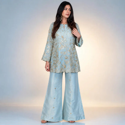 Powder Blue Chinon Silk Embroidery Kurta Set