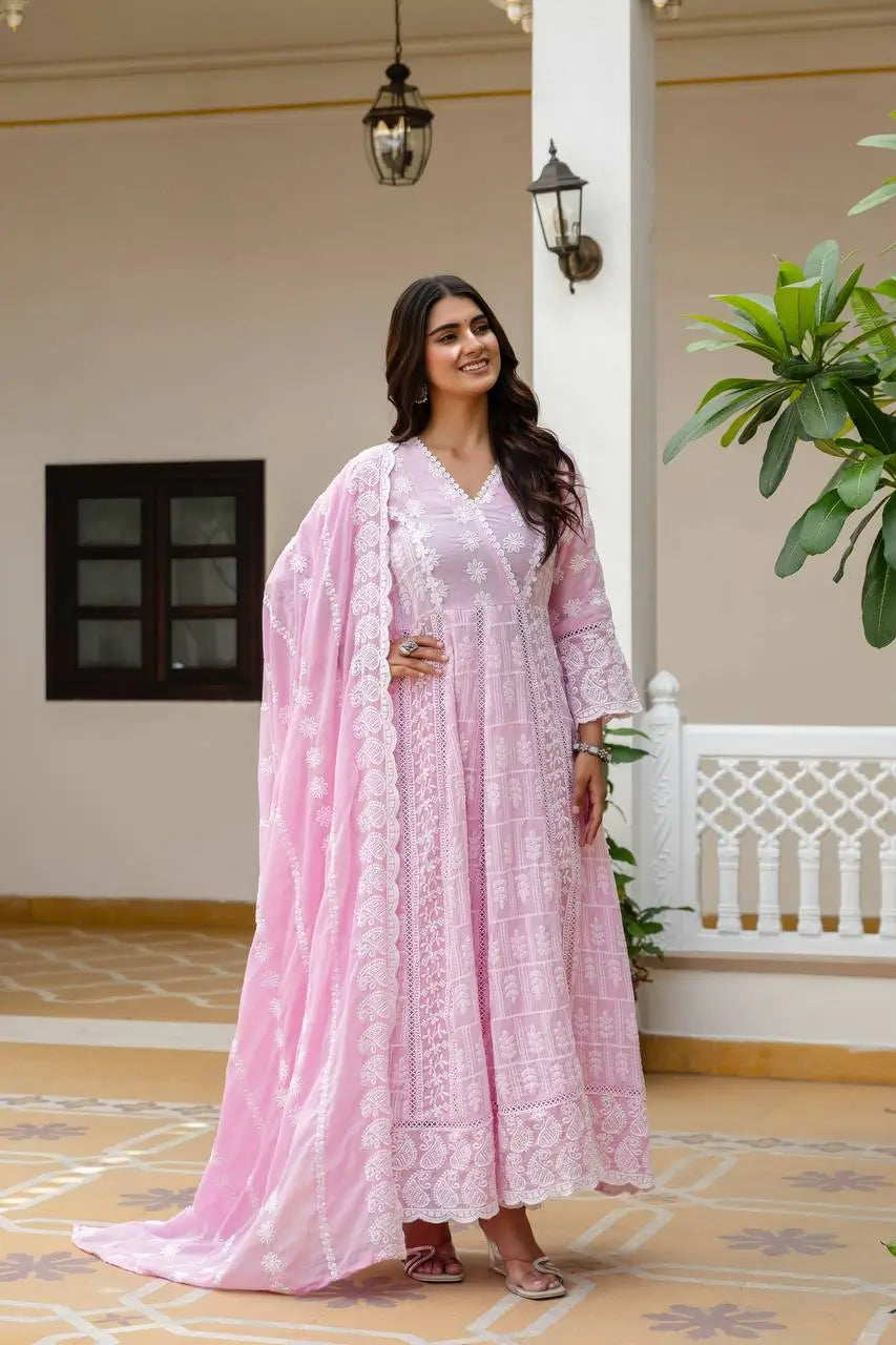 Powder Blue & Pastel Pink Lucknowi Cotton Anarkali Set