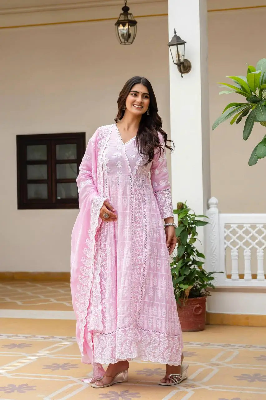 Powder Blue & Pastel Pink Lucknowi Cotton Anarkali Set