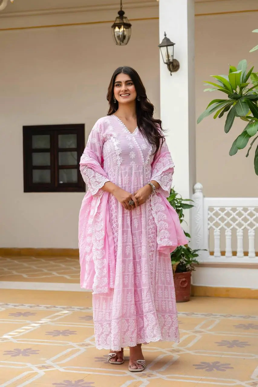 Powder Blue & Pastel Pink Lucknowi Cotton Anarkali Set