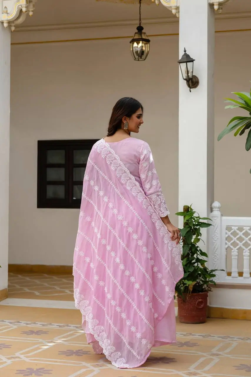 Powder Blue & Pastel Pink Lucknowi Cotton Anarkali Set