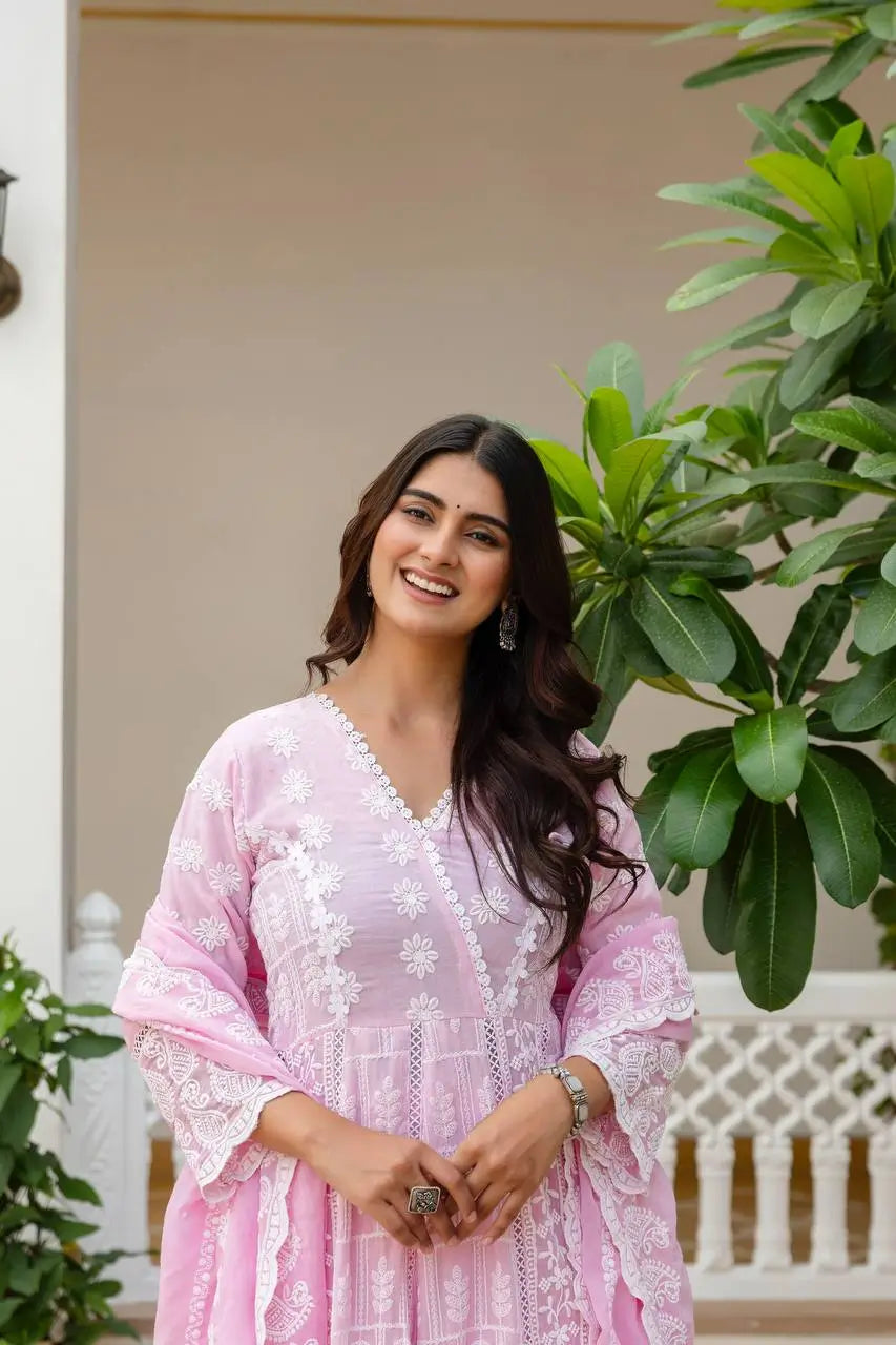 Powder Blue & Pastel Pink Lucknowi Cotton Anarkali Set