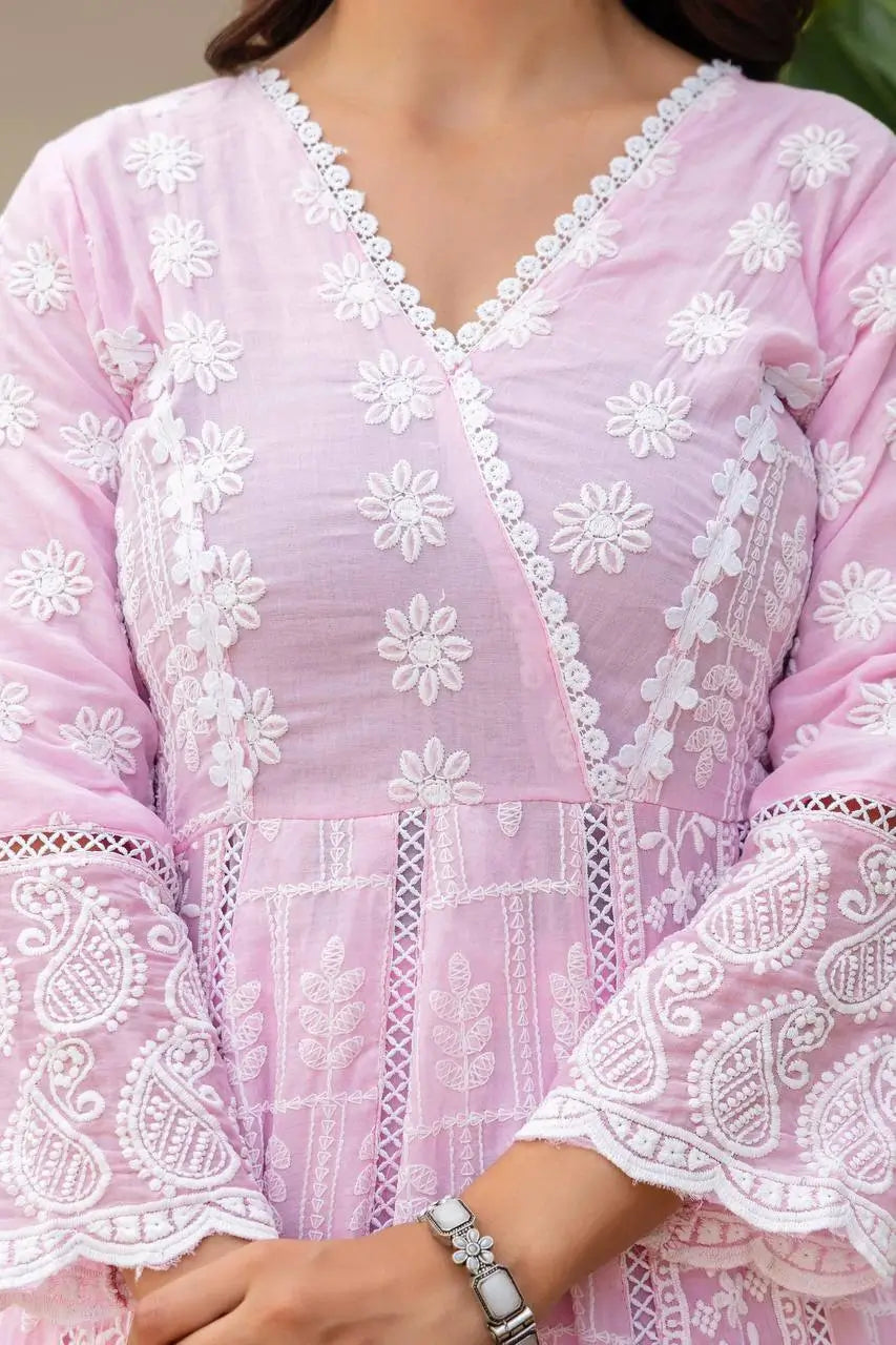 Powder Blue & Pastel Pink Lucknowi Cotton Anarkali Set