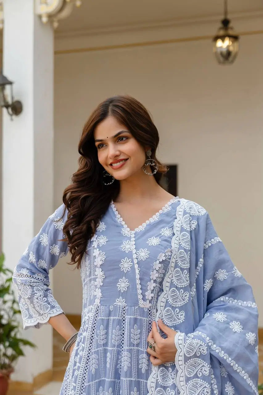 Powder Blue & Pastel Pink Lucknowi Cotton Anarkali Set