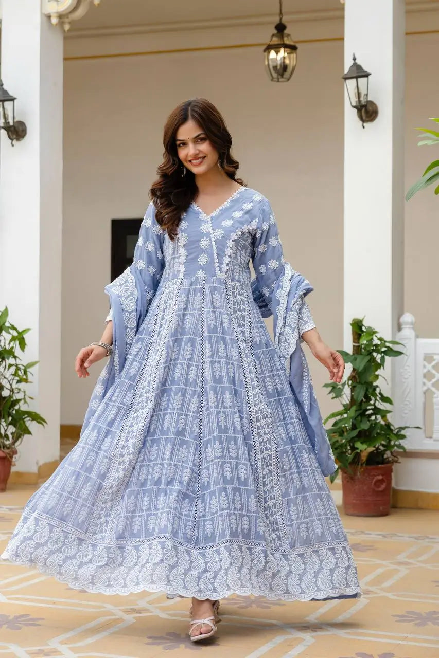 Powder Blue & Pastel Pink Lucknowi Cotton Anarkali Set
