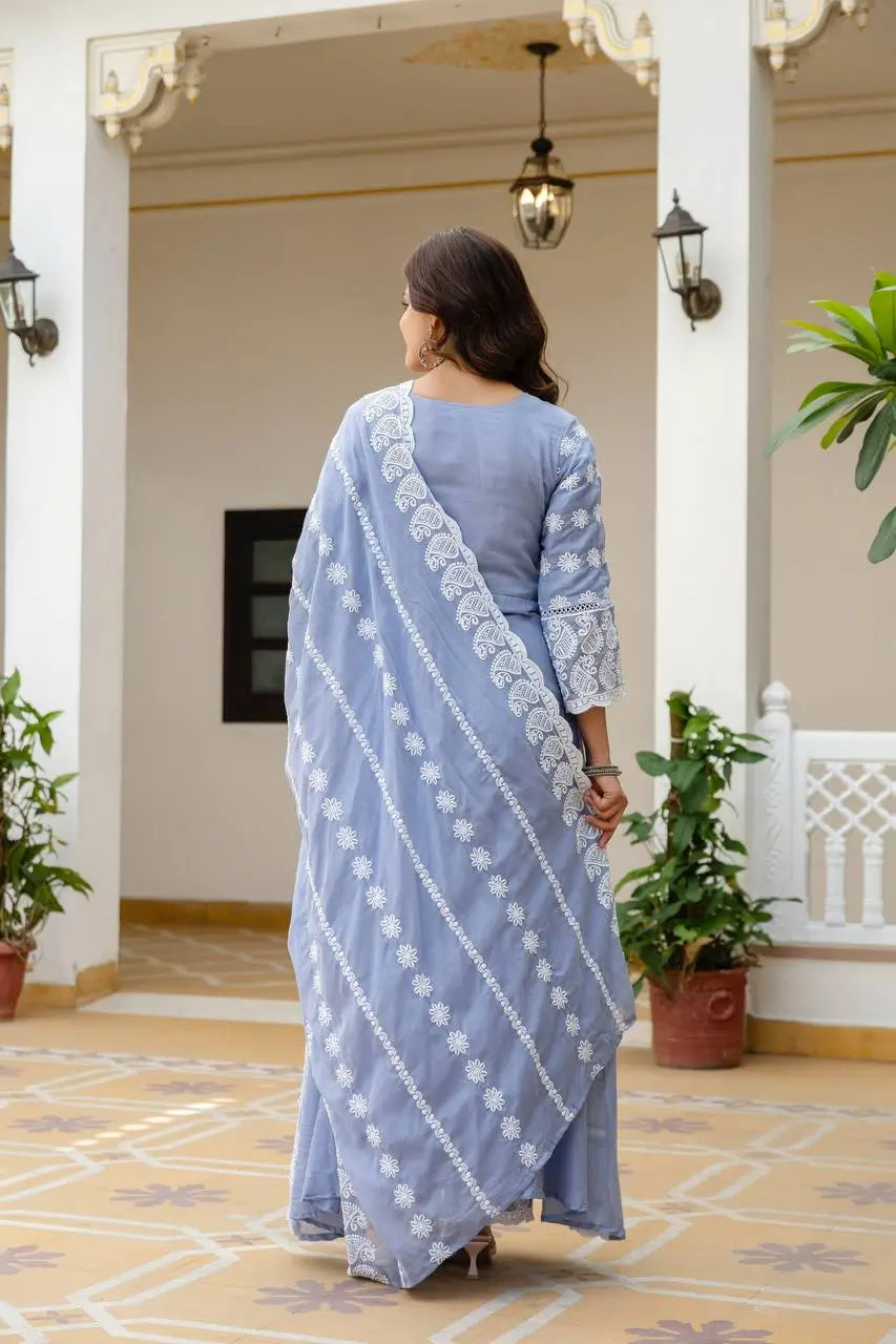 Powder Blue & Pastel Pink Lucknowi Cotton Anarkali Set